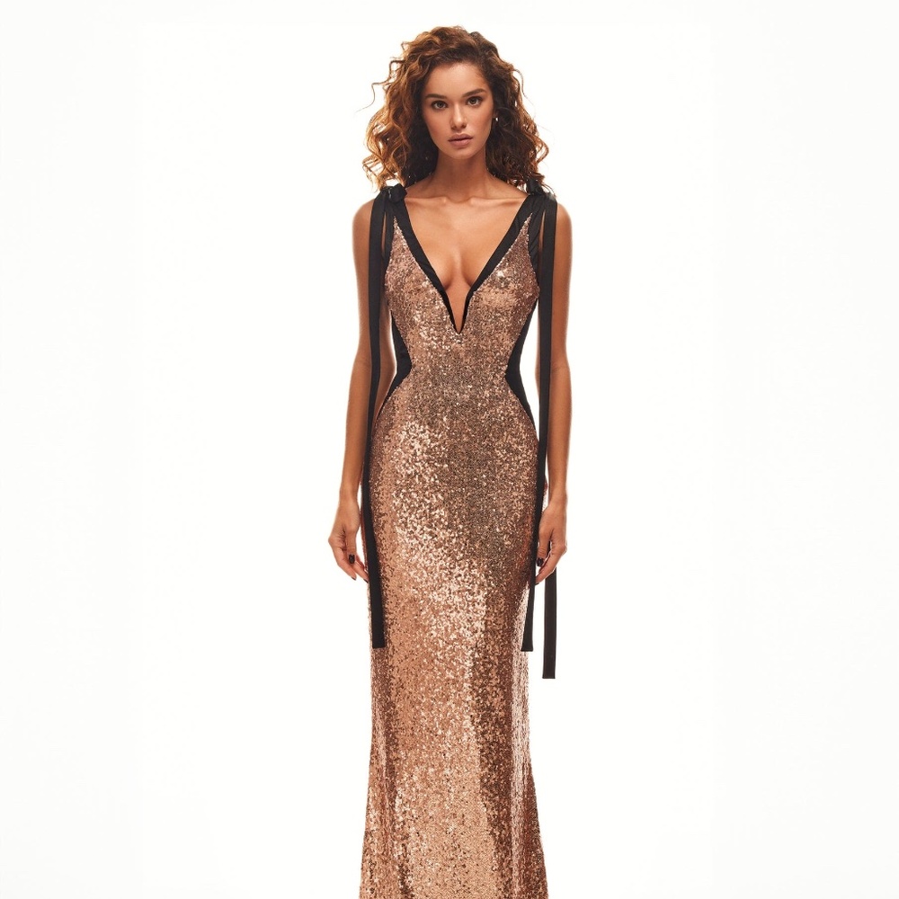 Rose Gold Sequin V-Neck Evening Gown with Black Ribbon Accents